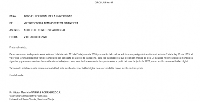 Circular Vicerrectoría Administrativa y Financiera